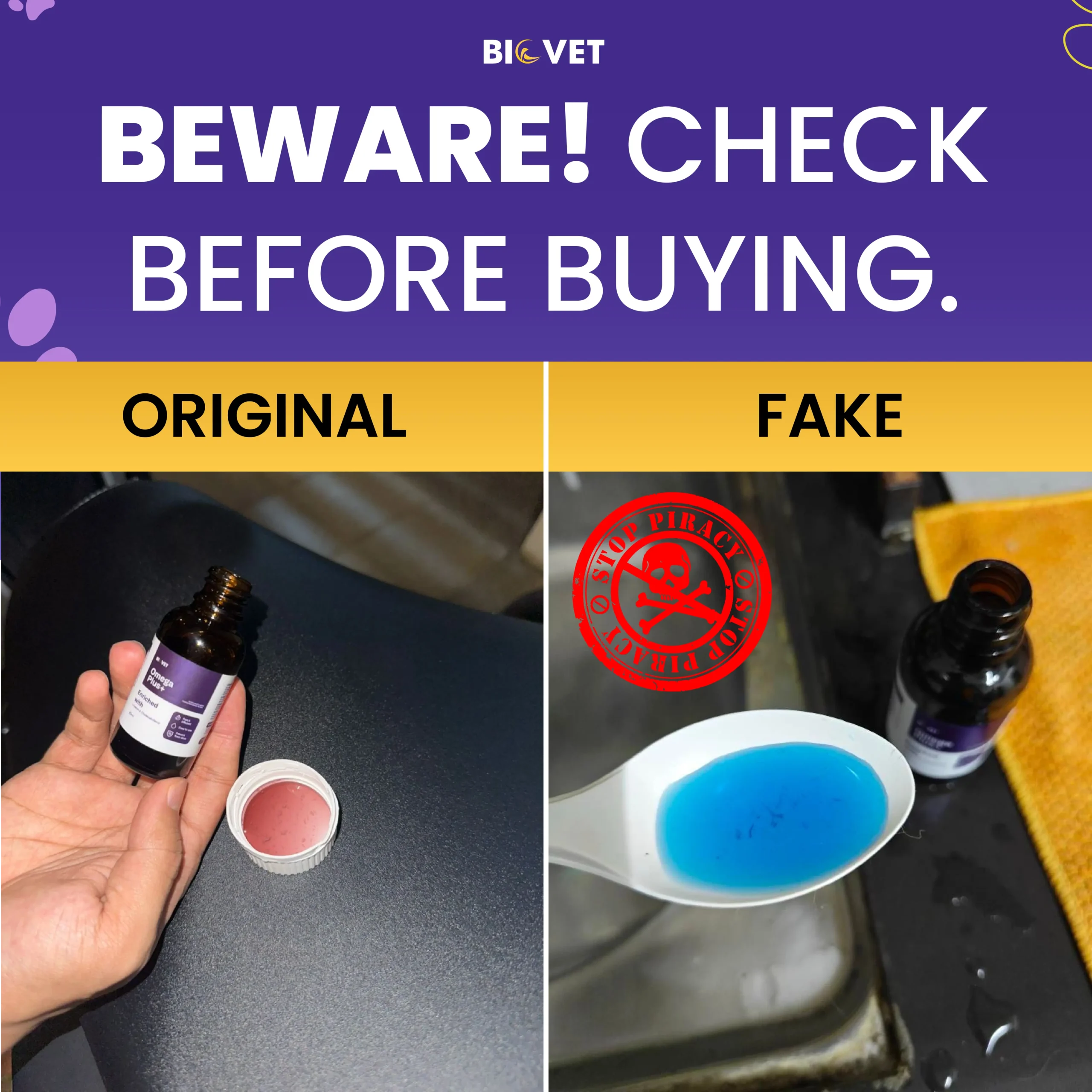 Perbezaan produk Biovet Omega Plus asli dan tiruan